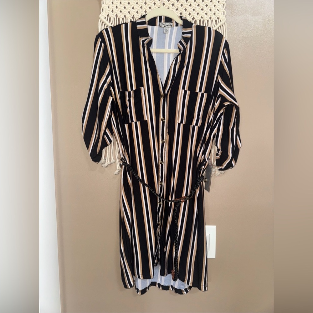 J for Justify Business Casual Striped Button Up 1/2 Sleeve Belted Dress XL￼